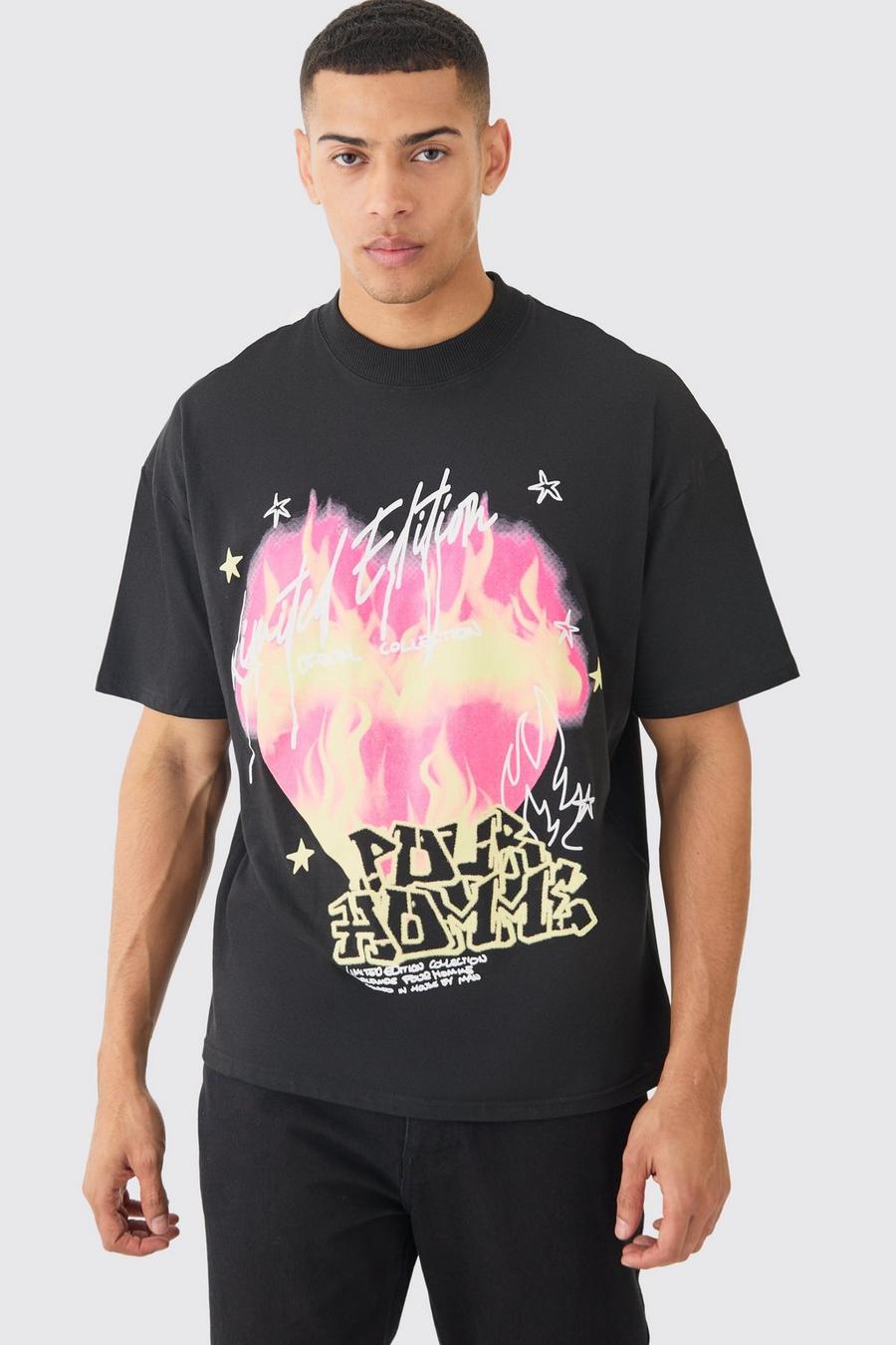 T-shirt oversize con girocollo esteso, cuore e fiamme, Black image number 1