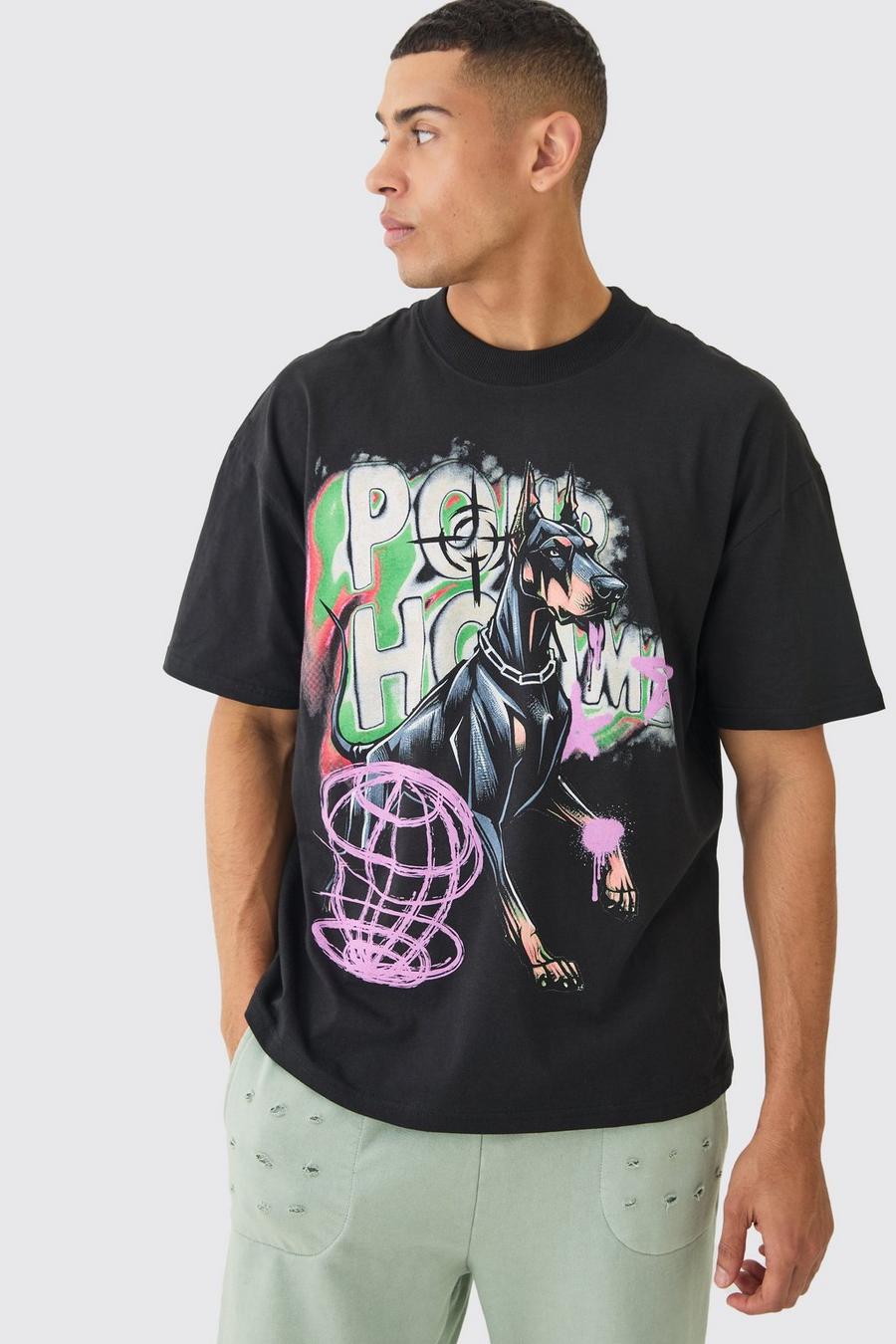T-shirt oversize stile Graffiti con cane e girocollo esteso, Black image number 1