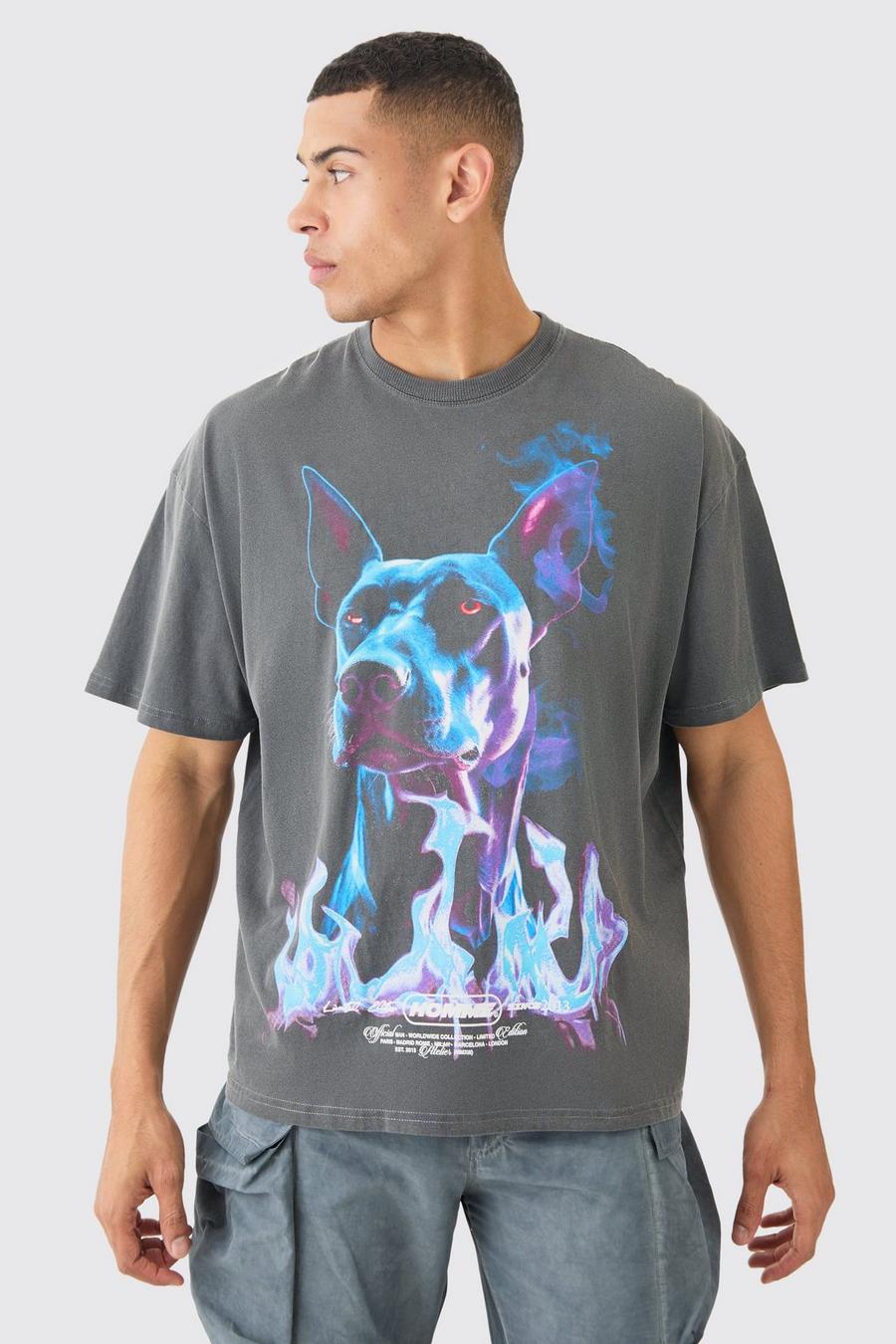 Camiseta oversize con cuello extendido y lavado a la piedra con estampado gráfico de perro, Charcoal image number 1