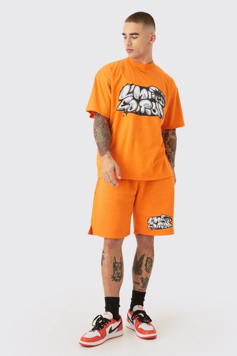Orange Oversized Extended Neck Graffiti T-shirt And Short Set image number 1