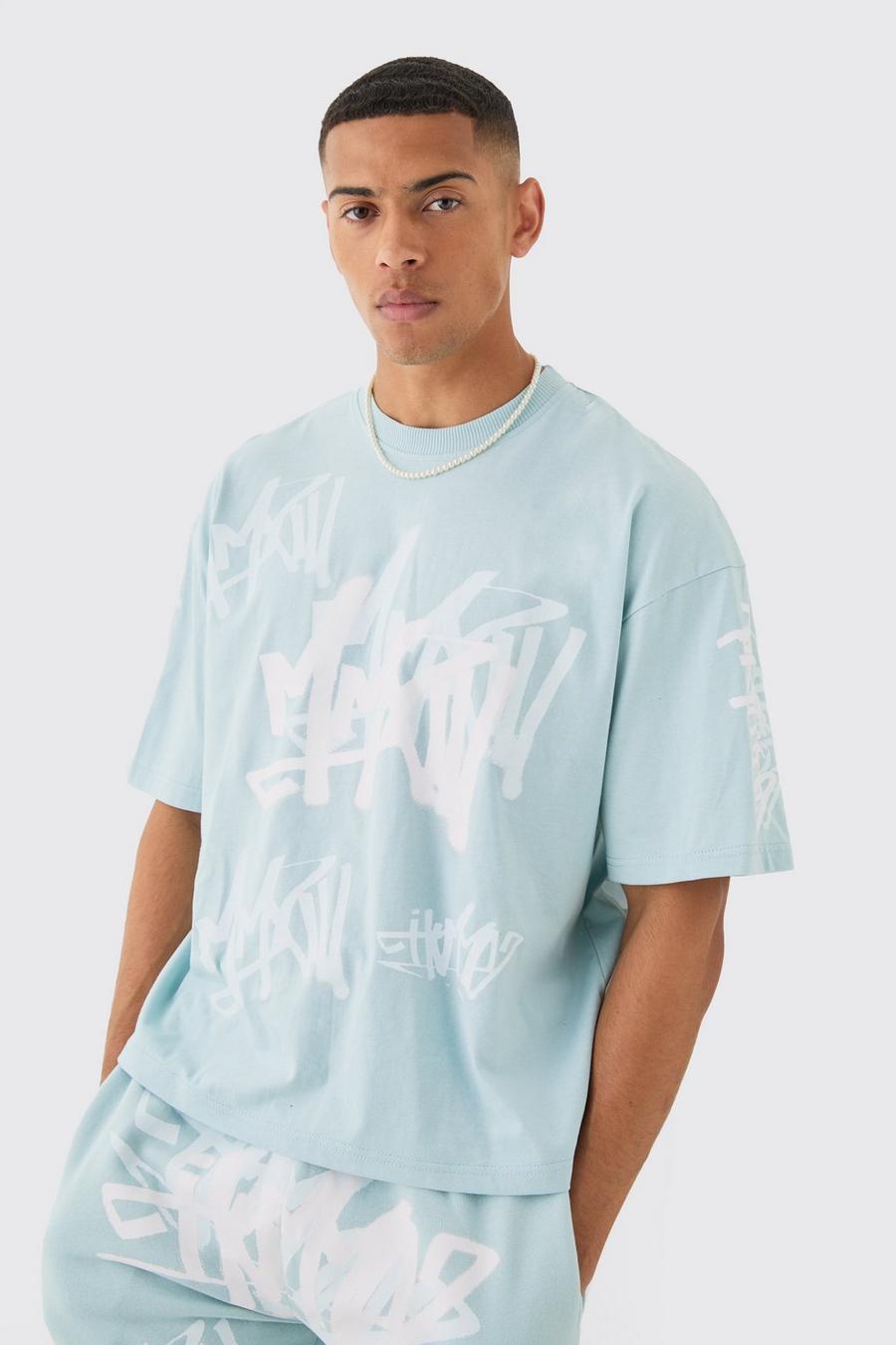 Kastiges T-Shirt mit Grafitti-Print, Blue
