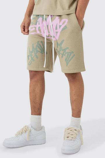 Khaki Loose Fit Graffiti Printed Jersey Shorts