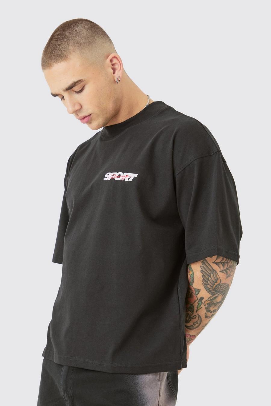 Black Oversized Extended Neck Boxy Racing Print T-shirt