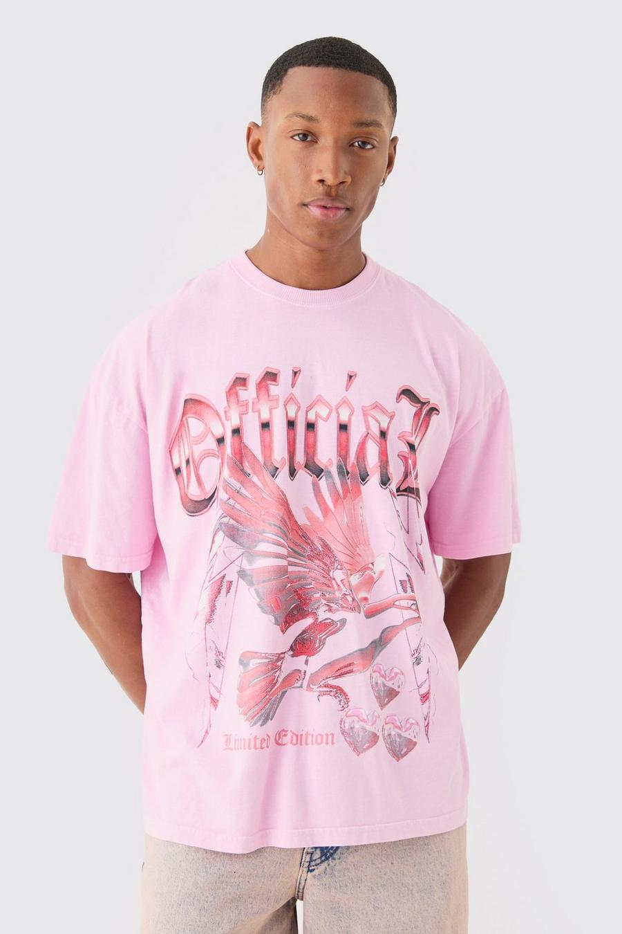 T-shirt oversize slavata con girocollo esteso e colomba, Pink
