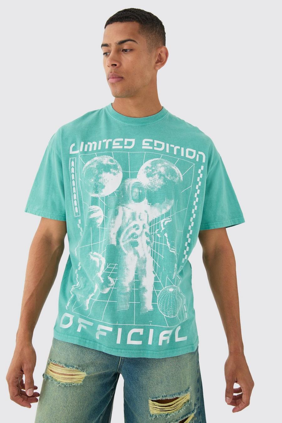 T-shirt oversize délavé à imprimé astronaute, Green image number 1