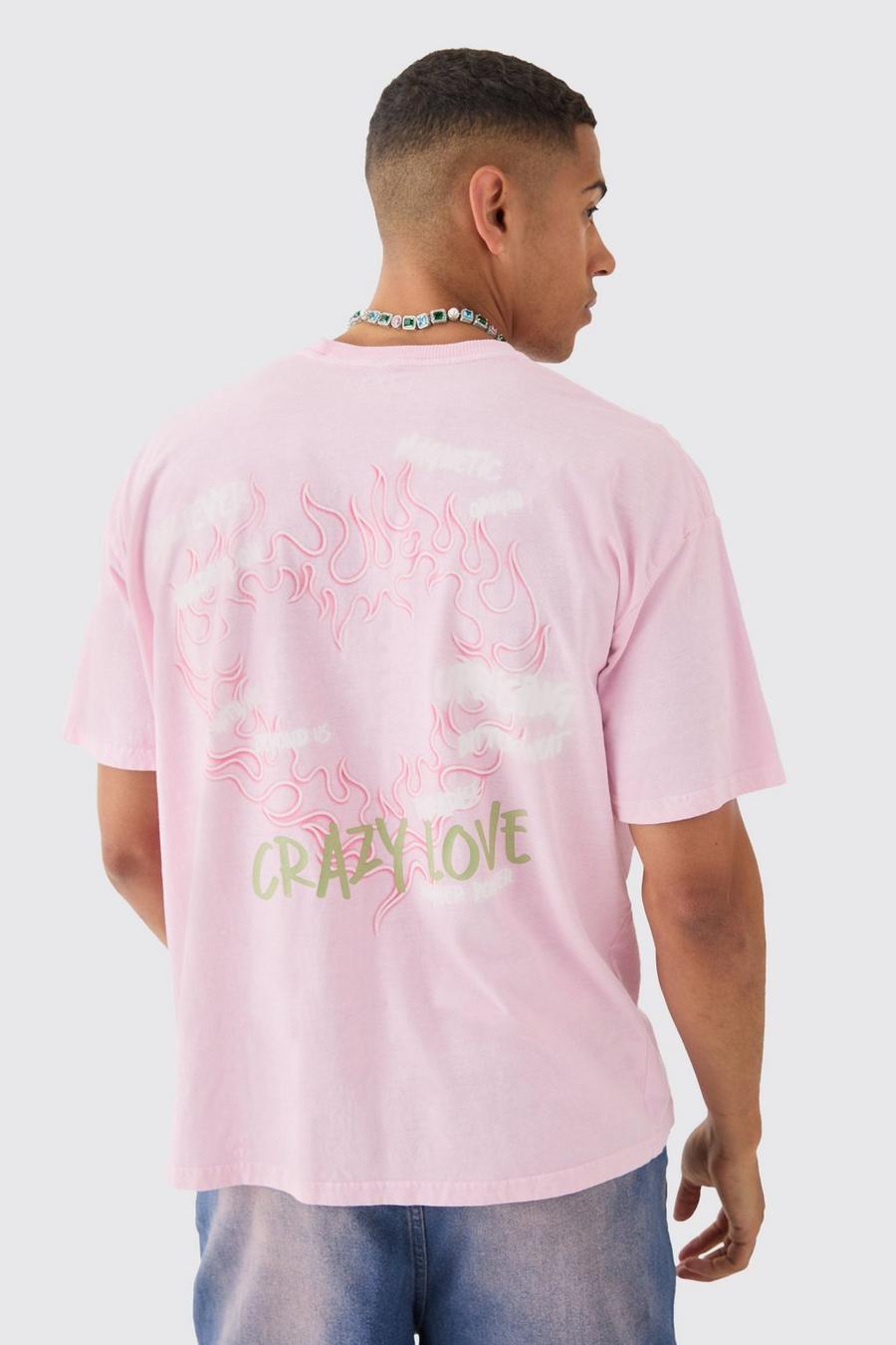 Pink Oversized Extended Neck Flame Heart Wash Back Print T-shirt
