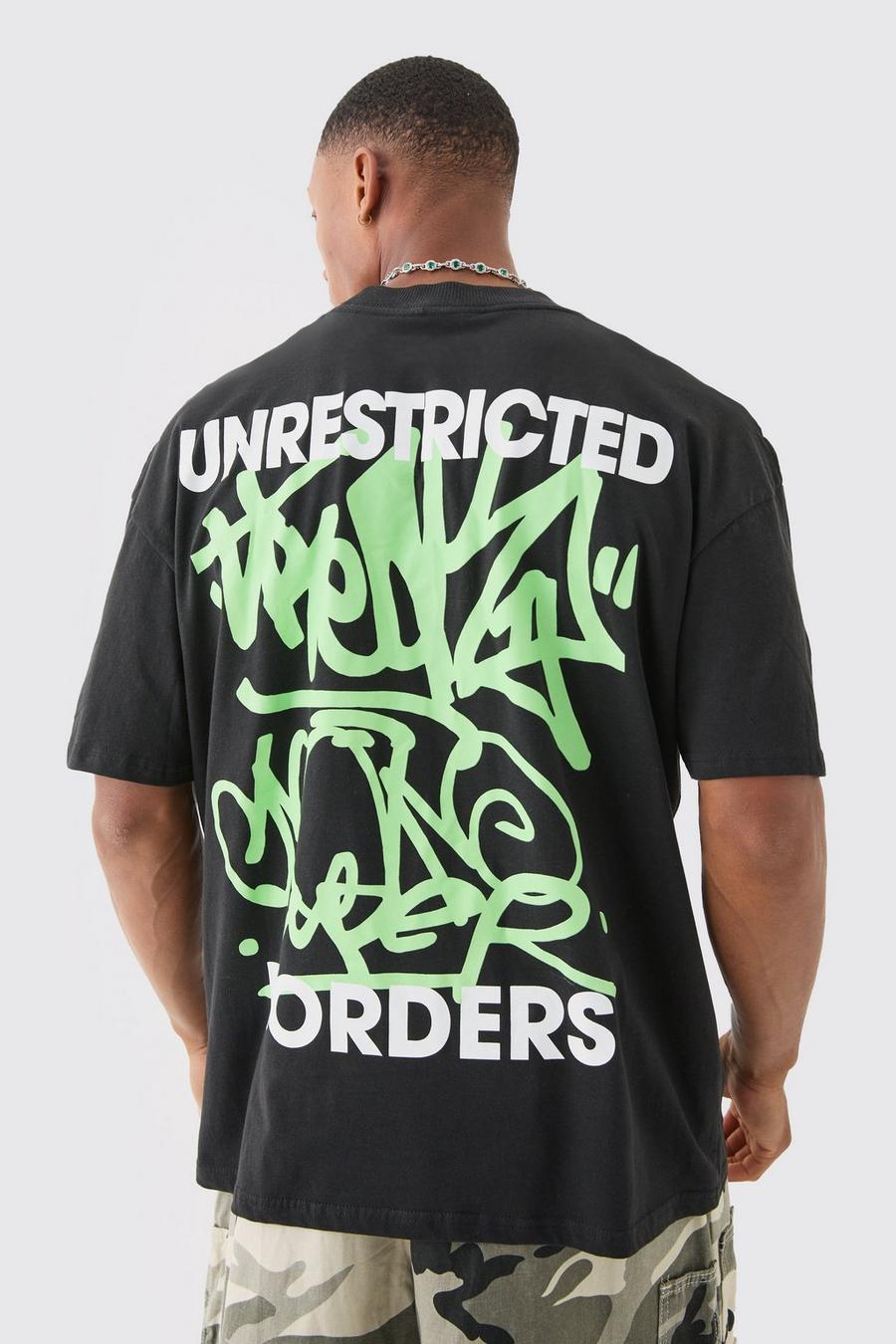 Black Oversized Extended Neck Graffiti Print T-shirt