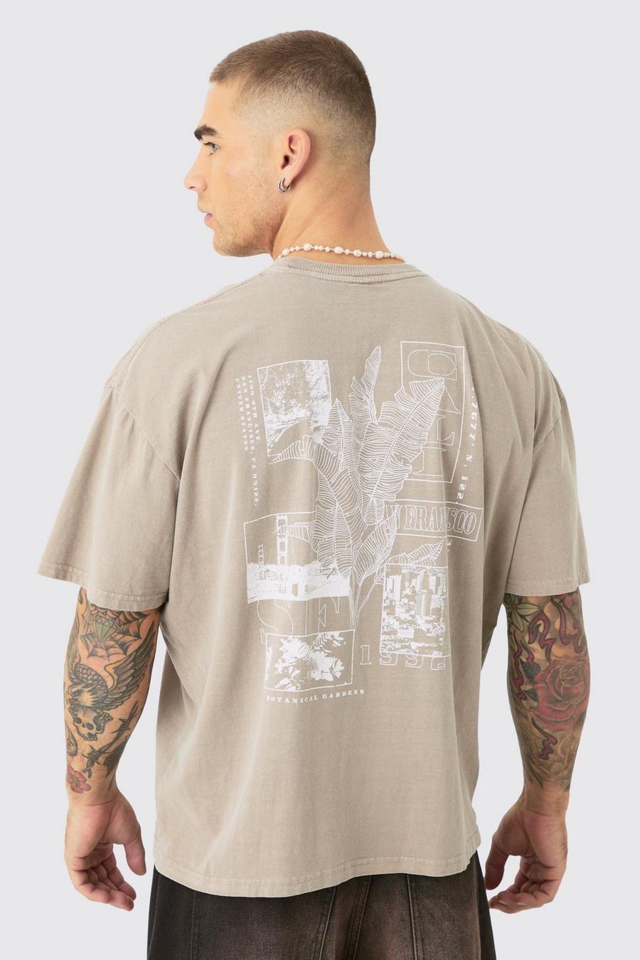 Taupe Oversized Wash Stencil Back Print T-shirt