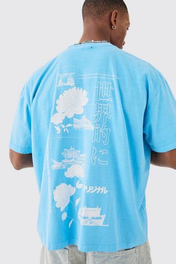 Oversized Washed Stencil Floral Back Graphic T-Shirt light blue