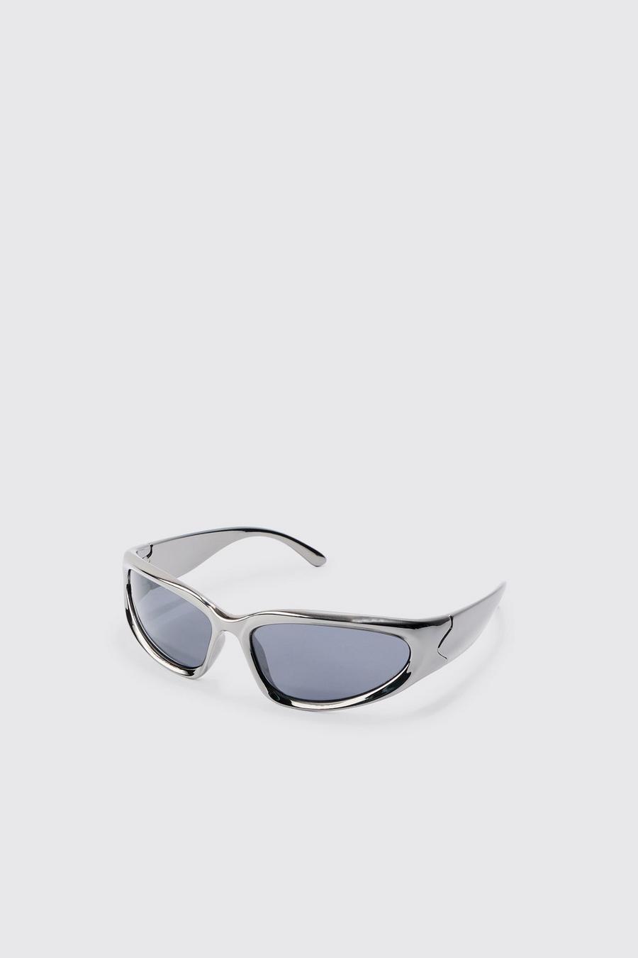 Metallic Frame Racer Sunglasses In Charcoal