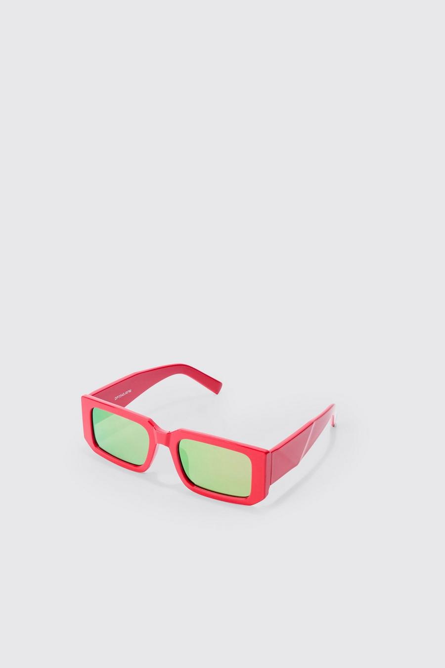 Chunky Rectangular Mirror Lens Sunglasses In Red