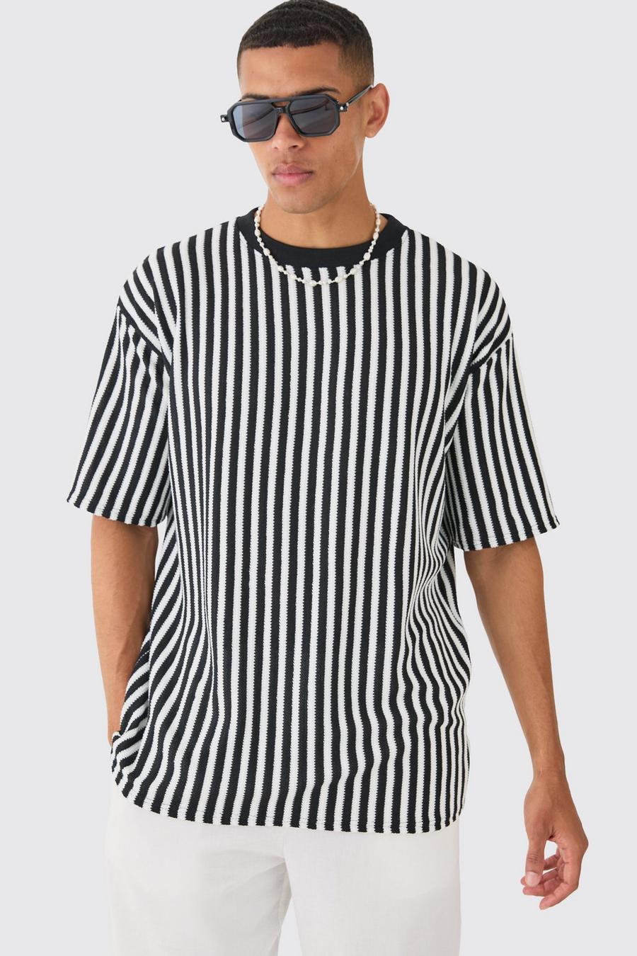 Black Oversized Textured Stripe T-shirt image number 1
