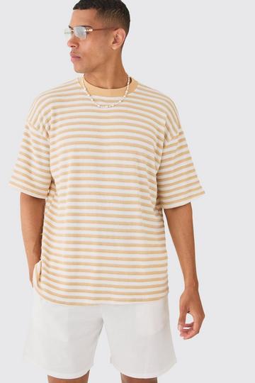 Camel Beige Oversized Textured Stripe T-shirt