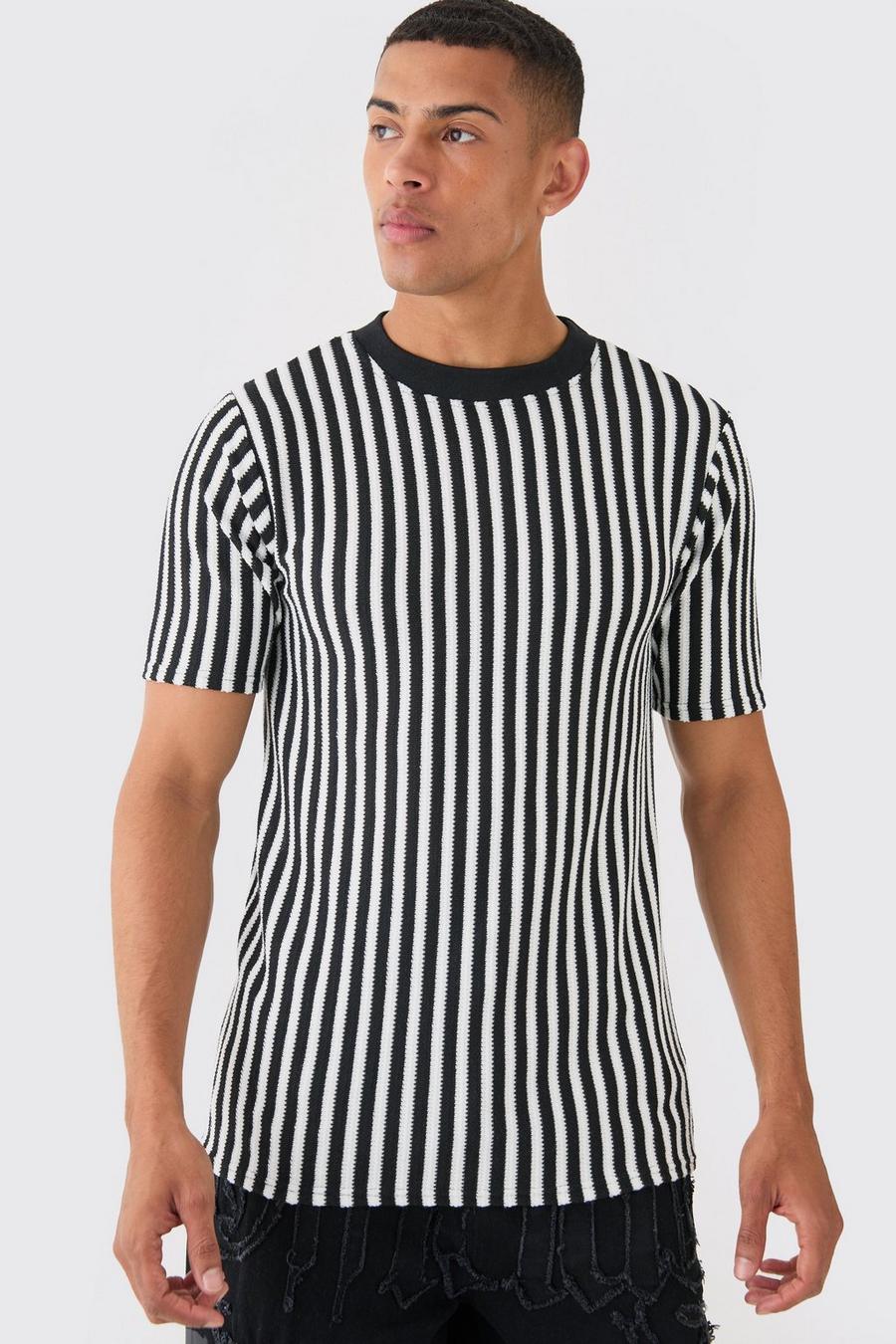T-shirt cintré côtelé à rayures, Black image number 1