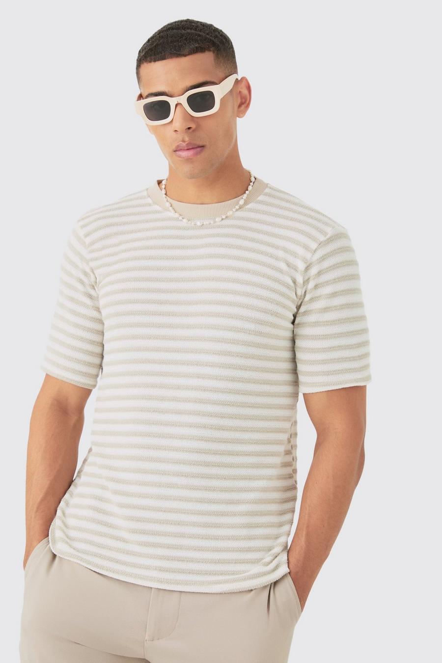 Stone Slim Fit Textured Stripe T-shirt image number 1