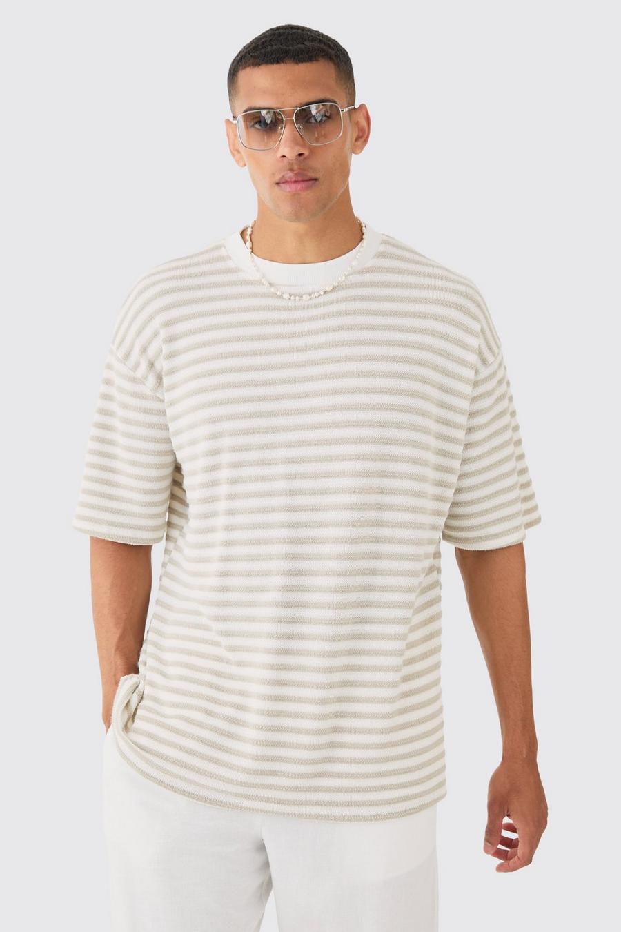 Sand Oversized Textured Stripe T-shirt image number 1