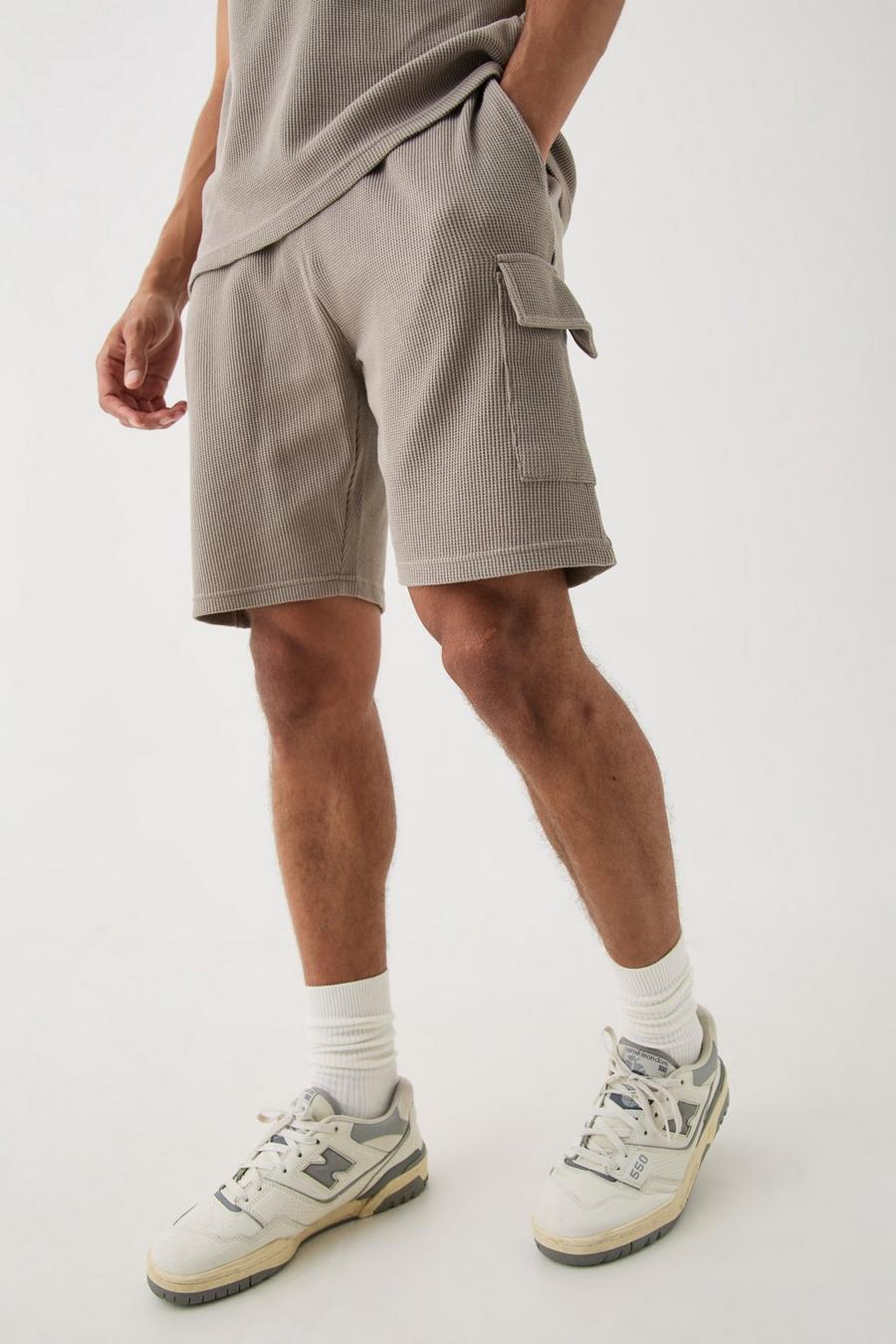 Taupe Wafel Gebreide Slim Fit Cargo Shorts