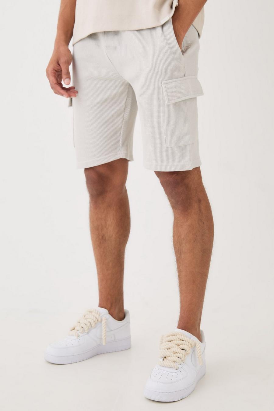 Pantalón corto cargo ajustado de tela gofre, Light grey image number 1