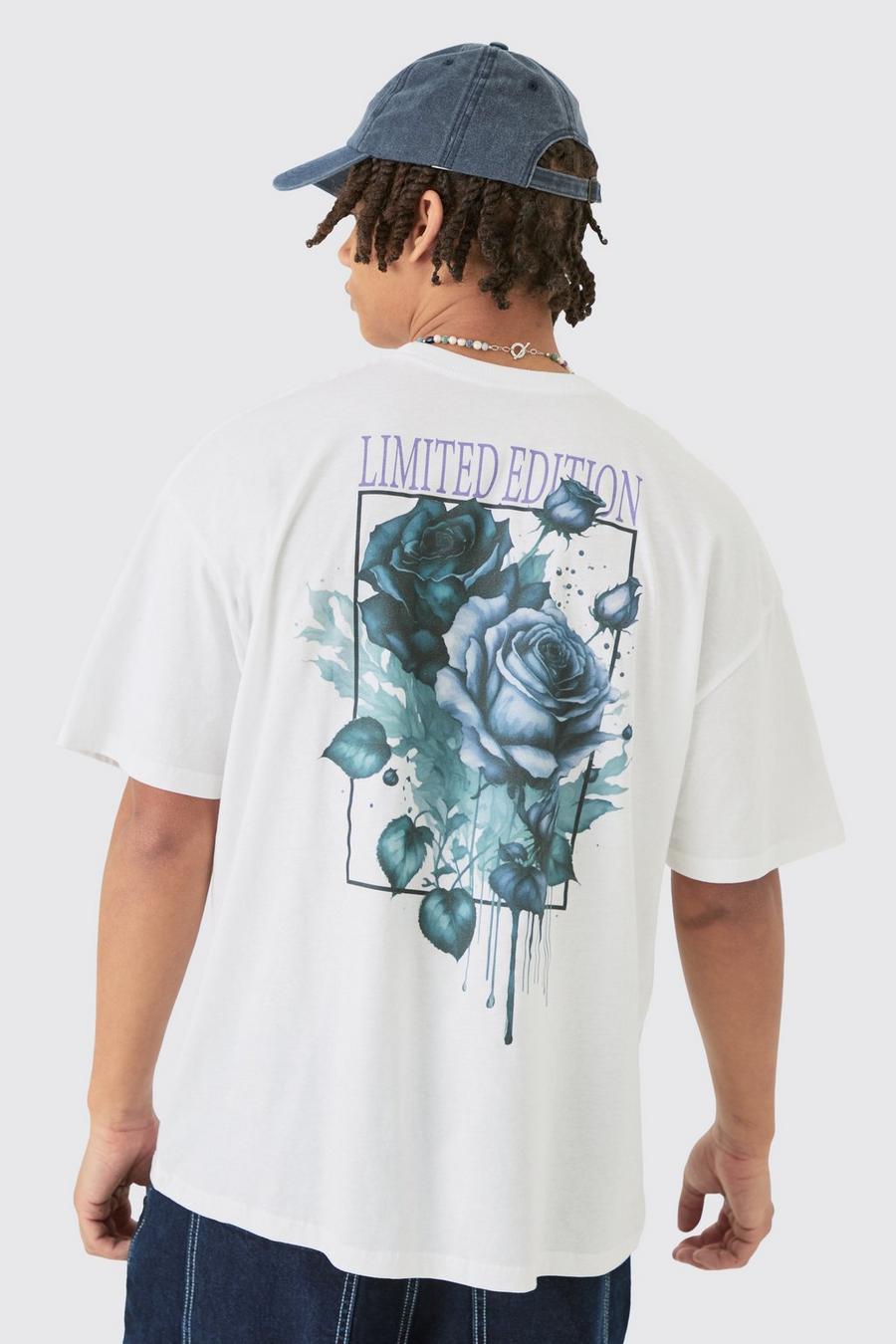 Camiseta oversize Limited Edition con estampado de flores en la espalda, White image number 1