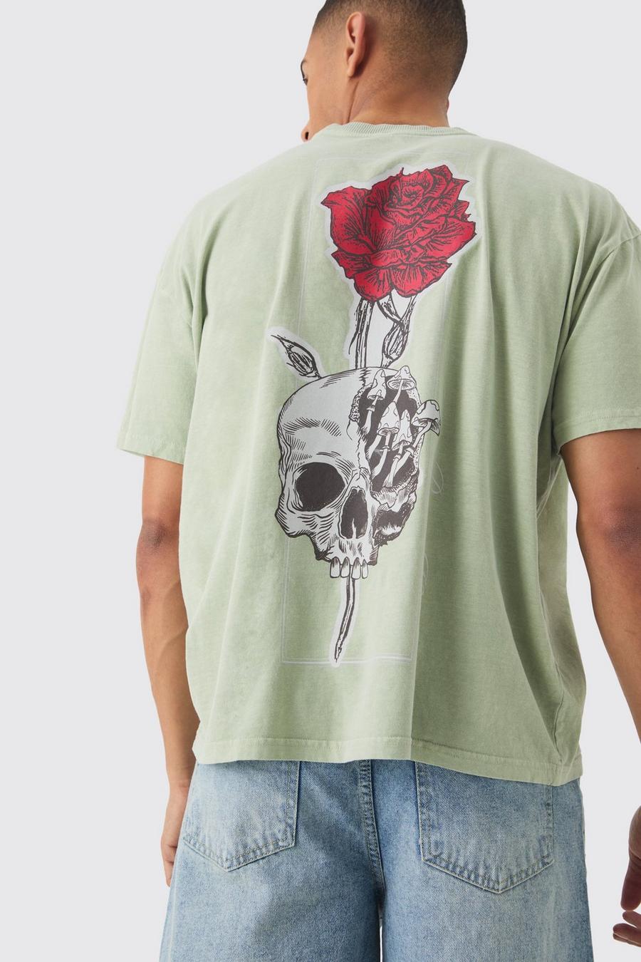 Green Oversized Boxy Washed Rose Skull Back Print T-shirt