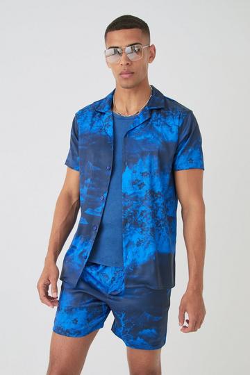 Short Sleeve Satin Tile Shirt & Short blue