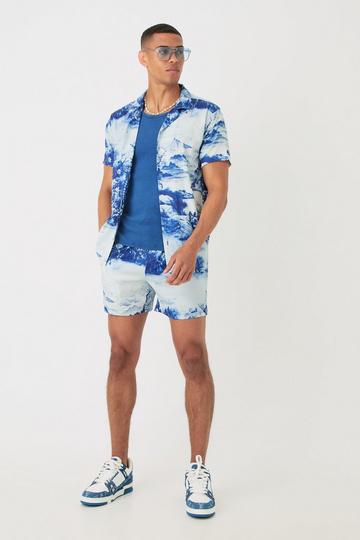 Short Sleeve Satin Tile Shirt & Short blue