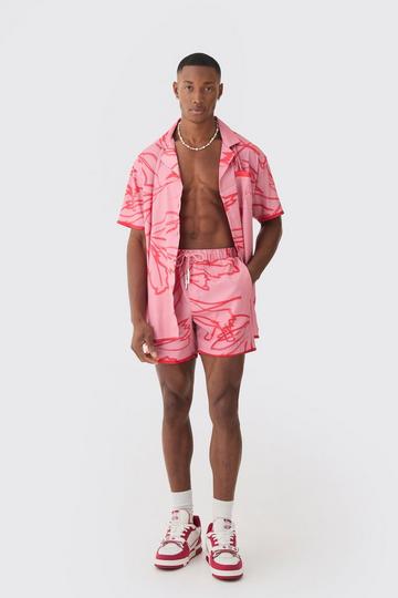 Pink Short Sleeve Oversized Satin Tonal Palm Shirt & Short Set