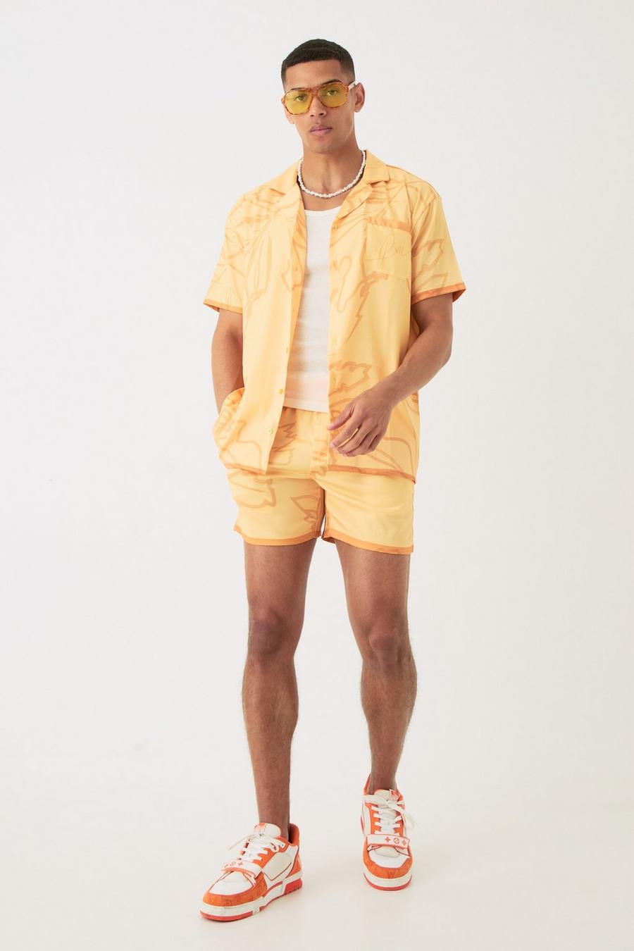 Yellow Short Sleeve Oversized Satin Tonal Palm Shirt & Short  image number 1