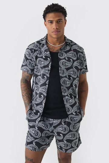 Short Sleeve Satin Mini Paisley Shirt & Short black