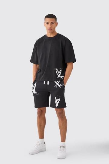 Oversized Boxy Heart Print T-shirt And Short Set black