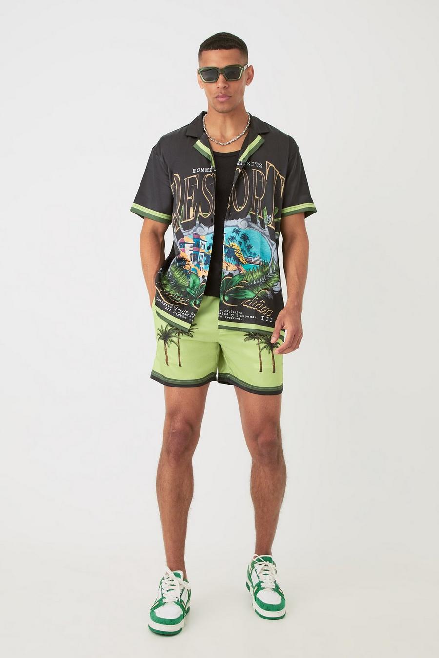 Green Short Sleeve Satin Oversized Resort Shirt & Short  image number 1