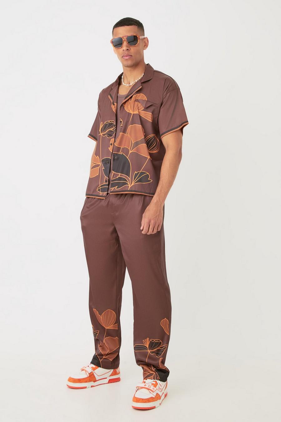 Brown Short Sleeve Satin Boxy Floral Shirt & Trouser 