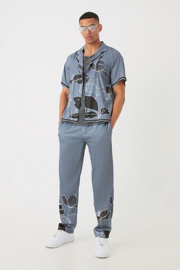 Short Sleeve Satin Boxy Floral Shirt & Trouser grey