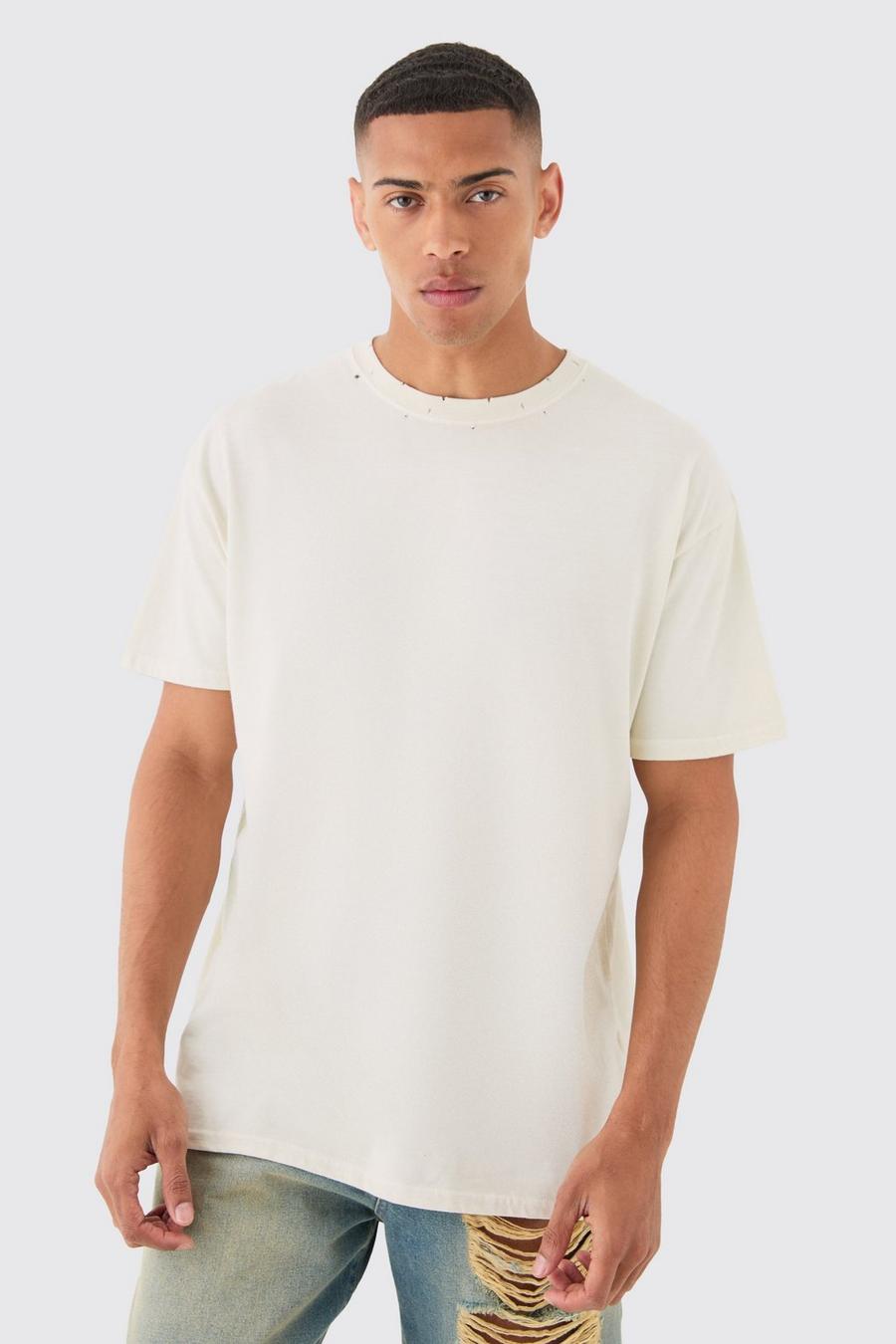 Ecru Oversized Versleten Gebleekt T-Shirt image number 1