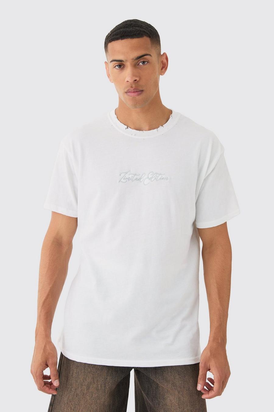 White Oversized Distressed Neck Embroidered T-shirt image number 1