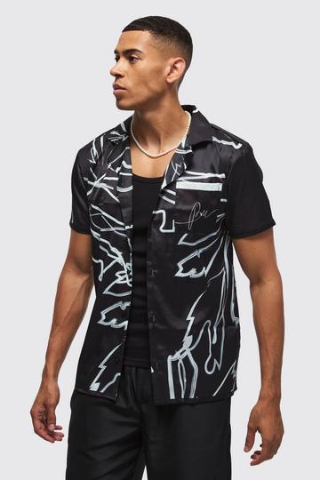 Short Sleeve Satin Tonal Palm Shirt black