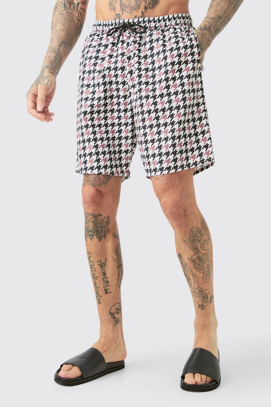 White Tall Houndstooth Checked Printed Swim Shorts