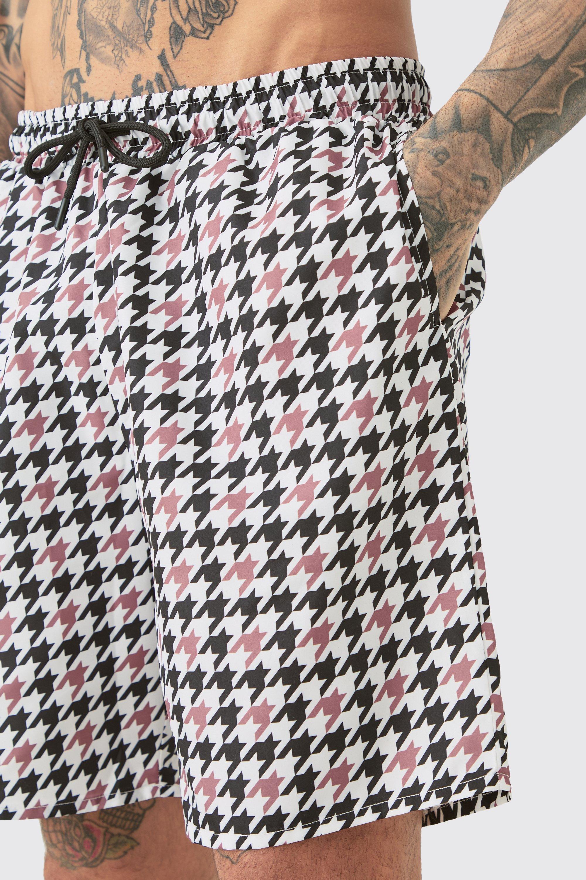 Tall Houndstooth Checked Printed Swim Shorts boohoo DK