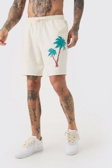 Tall Palm Motif Printed Swim Shorts ecru