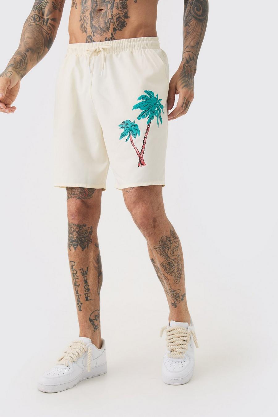 Ecru Tall Palm Motif Printed Swim Shorts