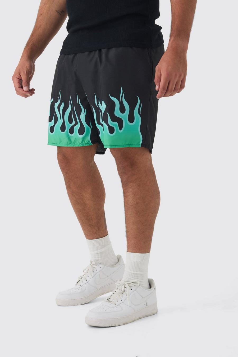 Green Plus Flame Hem Print Swim Shorts