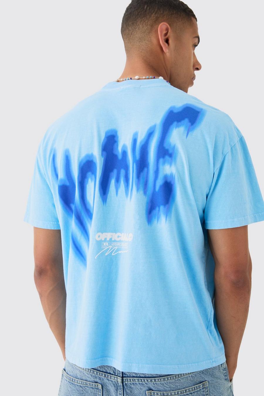Blue Oversized Gebleekt Graffiti Homme T-Shirt image number 1