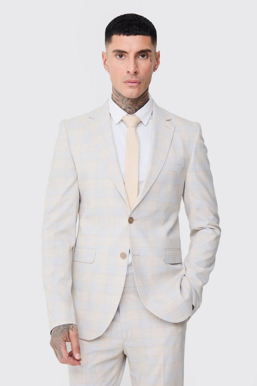 Stone Tall Checked Skinny Fit Blazer image number 1