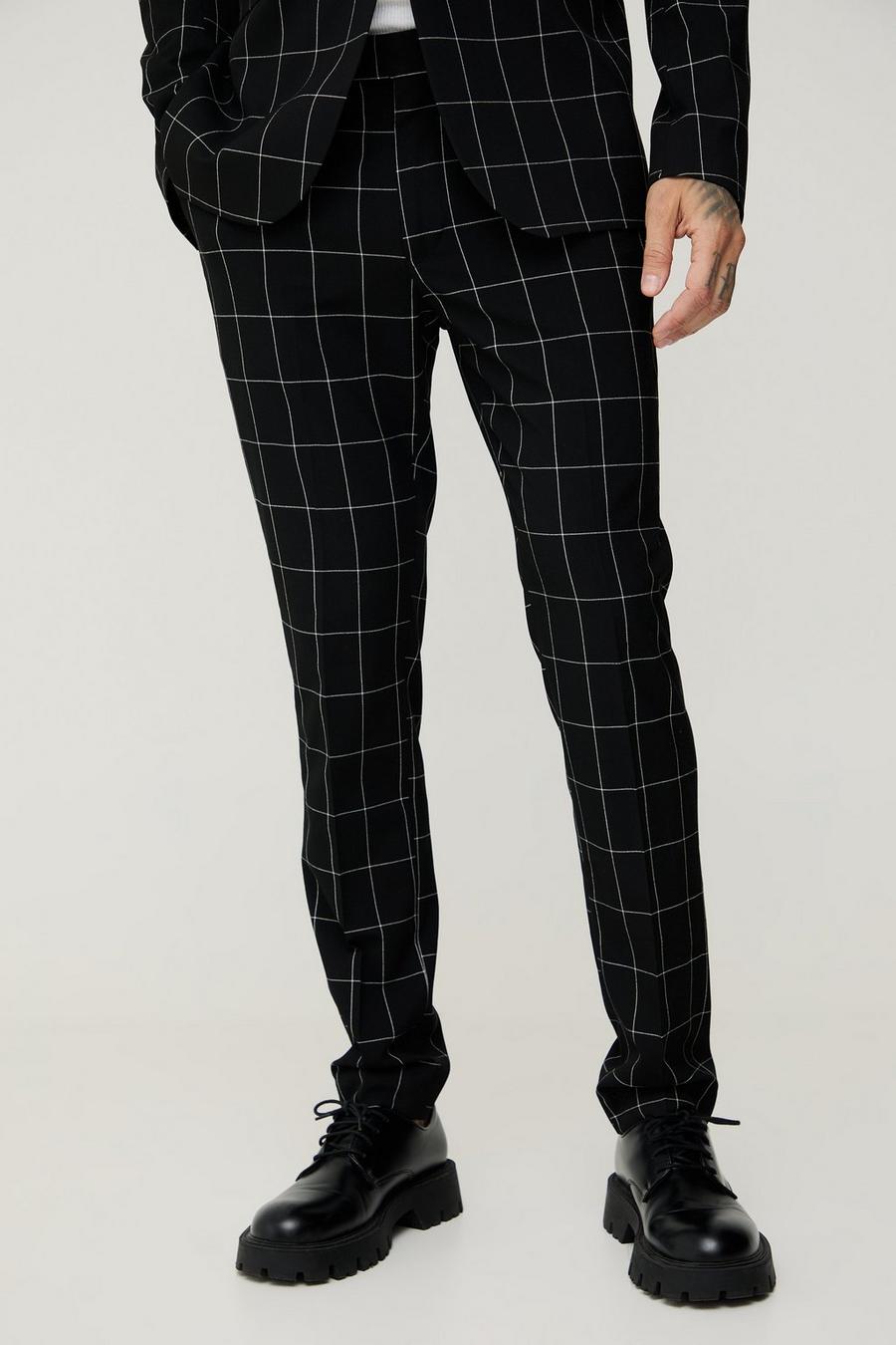 Black Tall Window Pane Check Skinny Fit Trousers image number 1