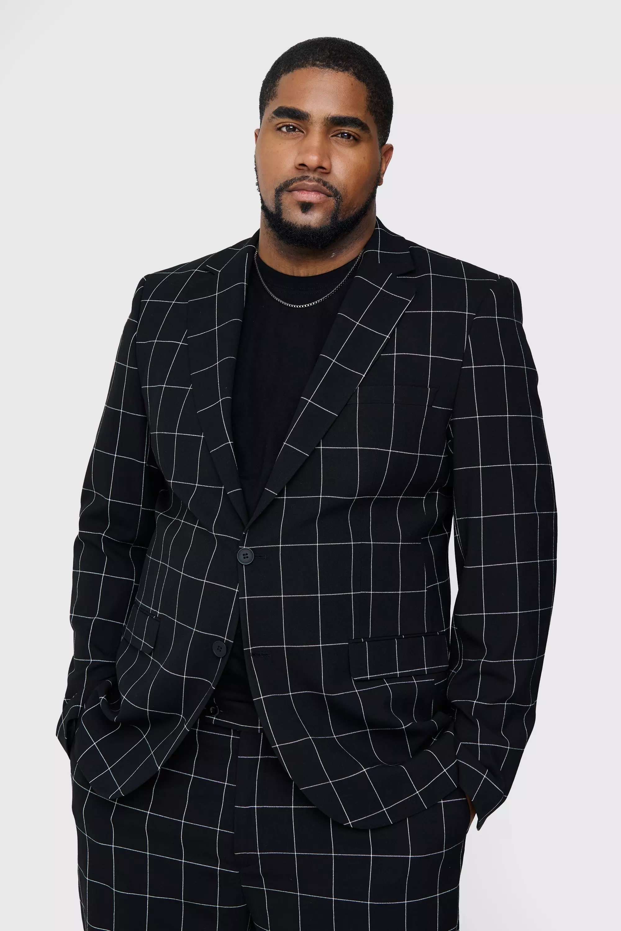 Black Plus Window Pane Check Skinny Fit Blazer صورة بديلة