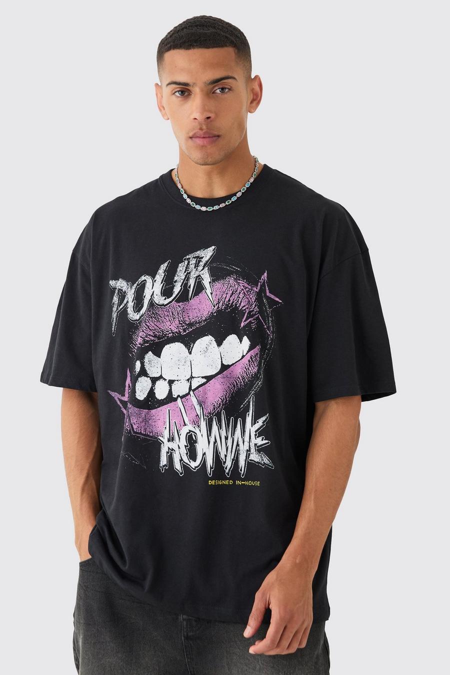Tall schwarzes T-Shirt mit Pour Homme Lippen Print, Black image number 1