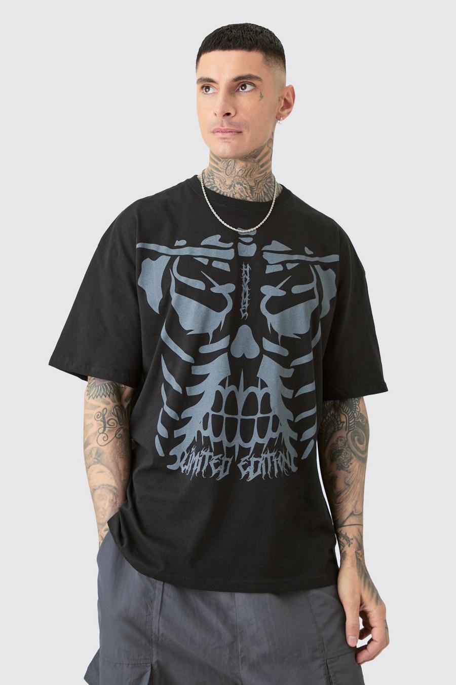 Tall schwarzes T-Shirt mit Skelett-Print, Black image number 1