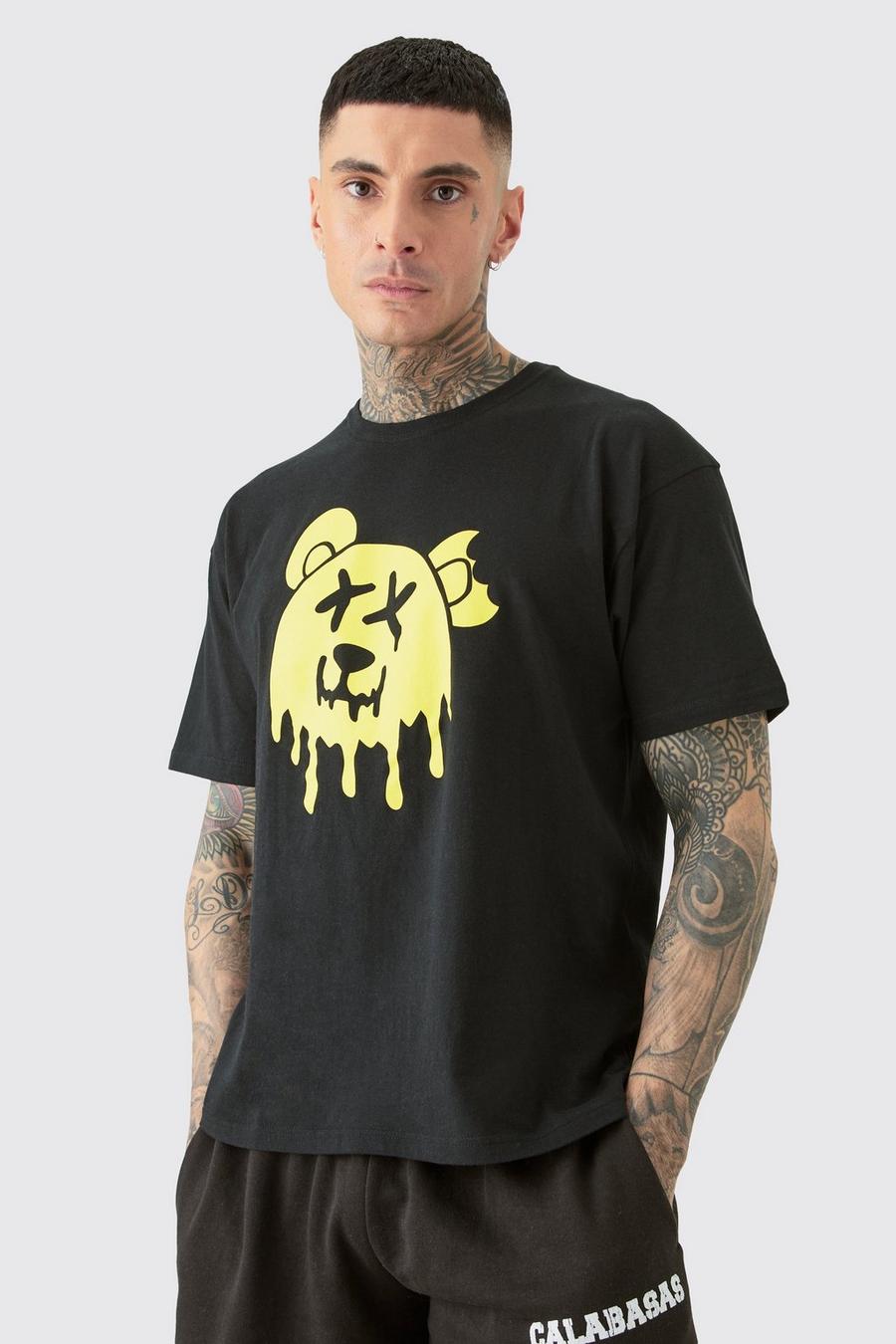 Tall T-Shirt mit Drippy Evil Teddy Print, Black image number 1