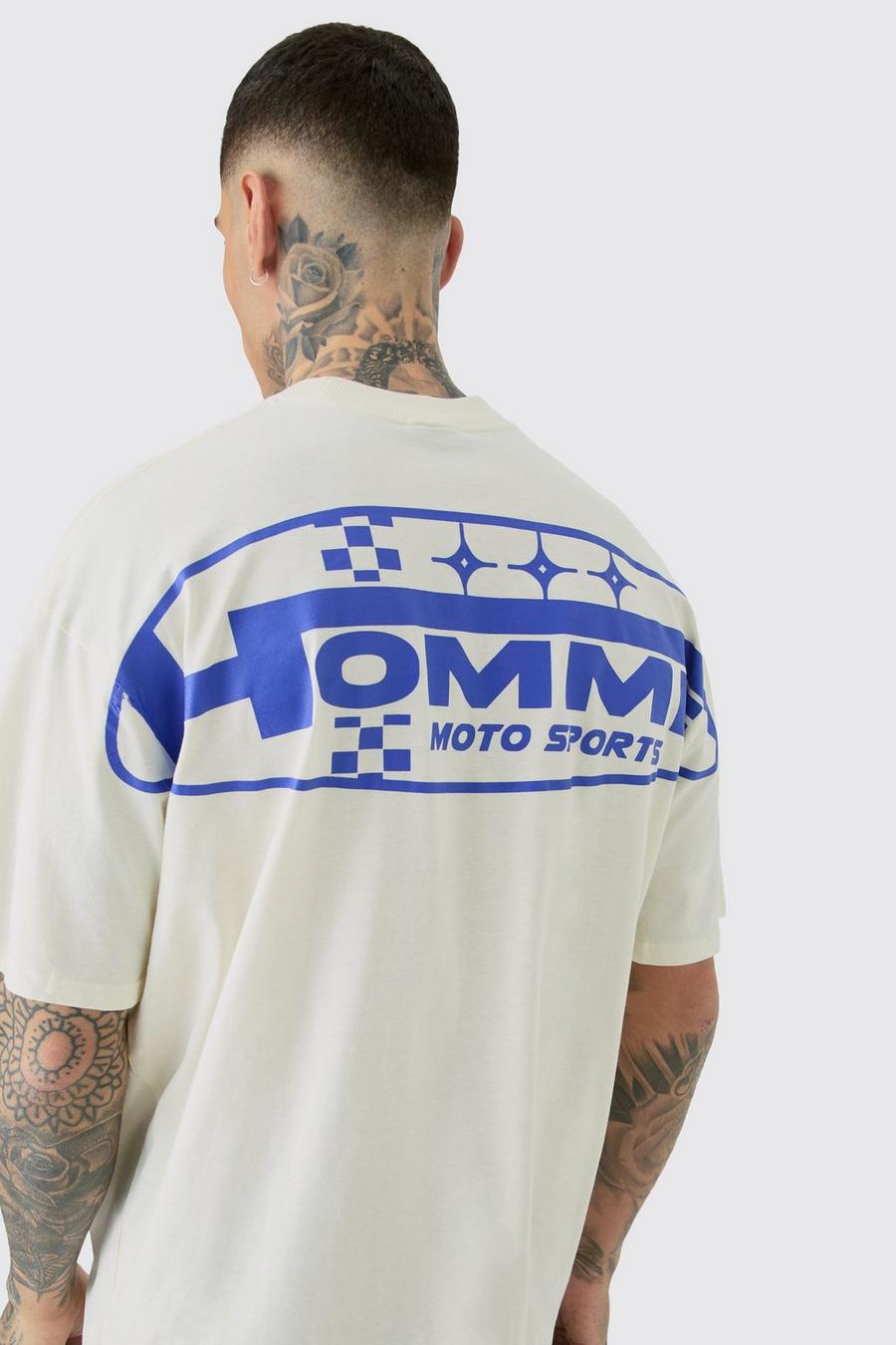Camiseta Tall con estampado gráfico Homme Moto Sports en color crudo, Ecru