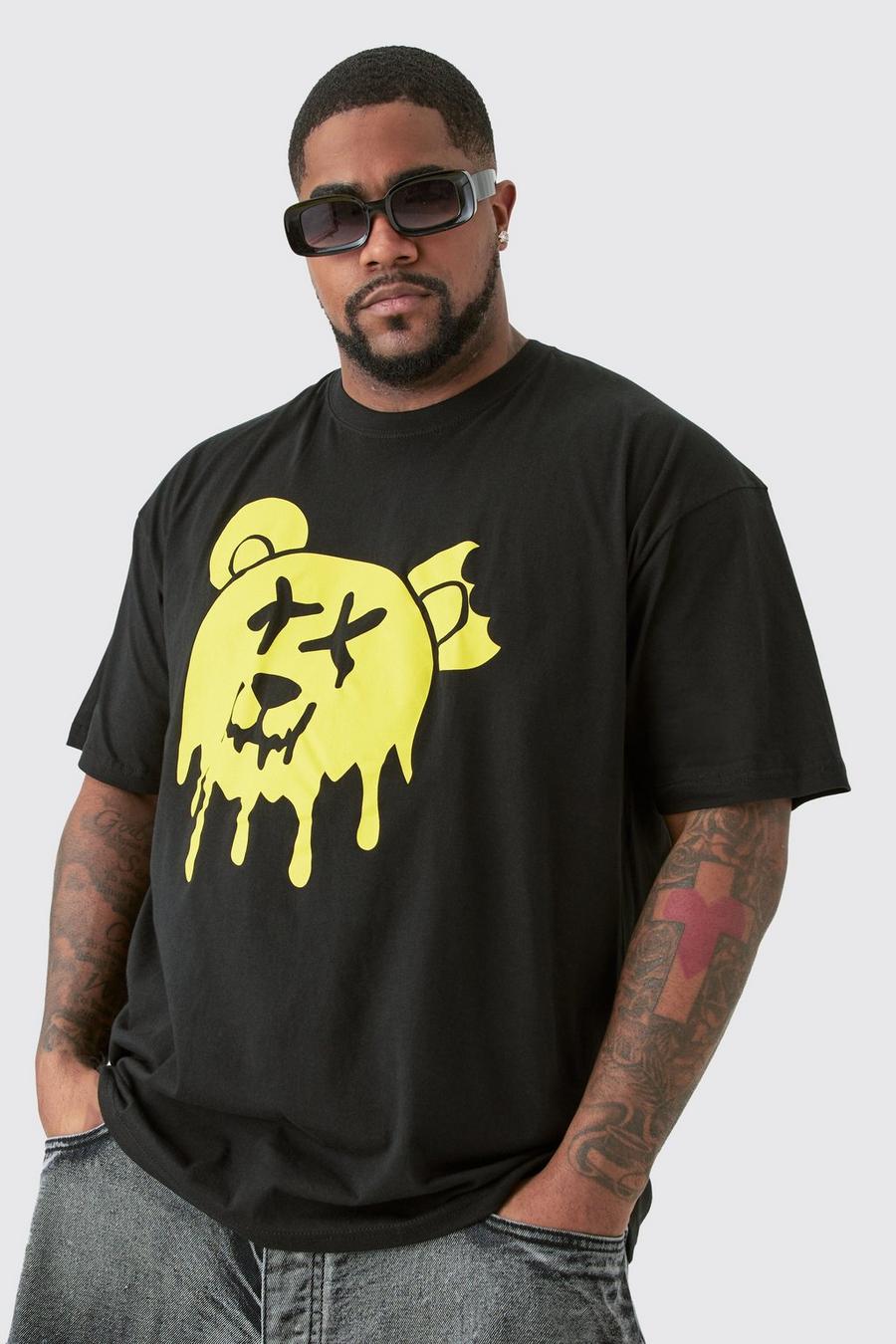 T-shirt Plus Size nera con grafica Drippy Evil Teddy, Black